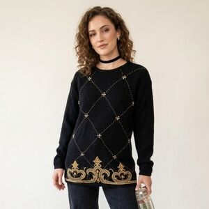 Karen Scott Vintage 80s 90s Gold Embellished Black Silk Angora Knit Sweater sz M